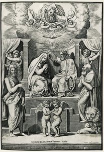 Krönung der Jungfrau in Anwesenheit von Johannes dem Täufer und Hieronymus