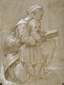 Eine Frau sitzt auf einem Stuhl und liest, mit einem Kind an ihrer Seite von Raphael