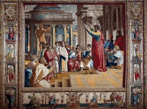 Der Apostel Paulus predigt auf dem Areopag von Athen. Wandteppich nach einem Gemälde auf Karton von Raffaello Sanzio dit Raphael (1483-1520), Anfang des 16. Jahrhunderts Mantua, Palazzo Ducale