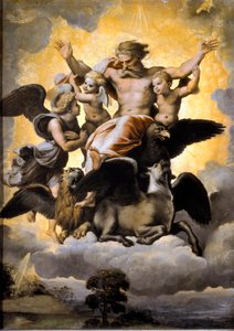Ezechiels Vision. Mit dem Tetramorph umgeben von Cherubinen. (Malerei) von Raphael