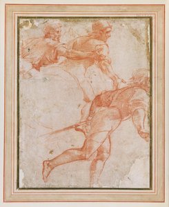 Ein Soldat rennt nach rechts und zwei berittene Reiter mit ausgestreckten Armen von Raphael