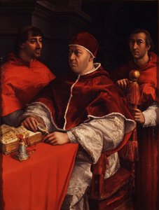 Porträt von Papst Leo X. mit den Kardinälen Giulio de Medici und Luigi de Rossi, ca. 1518