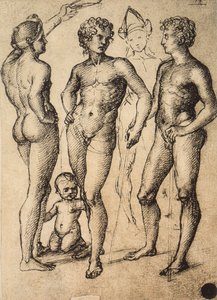 Studie von vier männlichen Figuren und einem Baby; Zeichnung von Raphael. Gallerie dell