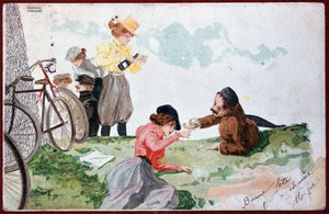 Landparty: Picknick und Radfahren - Illustration von R. Kirchner, um 1900
