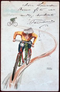 Postkarte einer Frau auf einem Fahrrad - Zeichnung von R. Kirchner, ca. 1900. von Raphael Kirchner