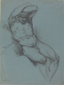 Ein sitzender männlicher Akt mit über dem Kopf verschränkten Händen von Raphael Lamar West