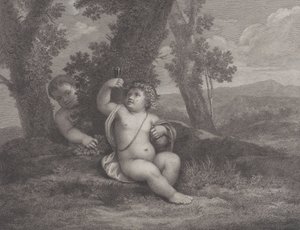 Der kleine Bacchus sitzt unter einem Baum und hält ein Weinglas hoch, mit einem weiteren Kind dahinter, 1780 von Raphael Morghen