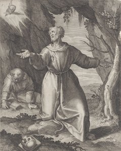 Der heilige Franziskus kniet mit ausgestreckten Armen und blickt auf einen Cherub oben links, 1599