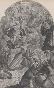 Die Vision des Heiligen Dominikus, mit Gott dem Vater und Christus oben in der Mitte, die Jungfrau stehend von Raphael Sadeler II