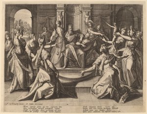 Salomo zur Götzenanbetung von seinen Frauen verführt von Raphael Sadeler I after Joos van Winghe