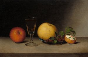 Stillleben mit Äpfeln, Sherry und Teekuchen
