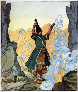 Der Derwisch-Mönch entzündet Feuer und besprengt es: Illustration für die Geschichte 