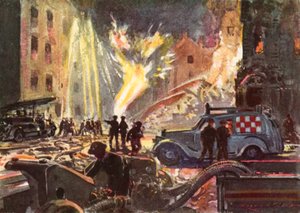 Feuerwehrmänner des britischen National Fire Service im Krieg, die während des Blitzes einen brennenden Gasanschluss löschen, Zweiter Weltkrieg