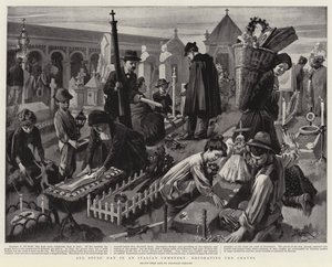 Allerseelen auf einem italienischen Friedhof, die Gräber schmückend