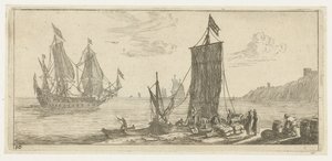 Bucht mit einem Hoeker und einem Kriegsschiff