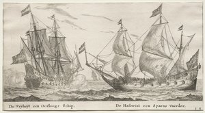Schiffe von Amsterdam: Die Freiheit, ein Kriegsschiff. Der Wolfshund, ein spanisches Schiff von Reinier Nooms