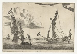 Zwei Kriegsschiffe und eine Yacht von Reinier Nooms