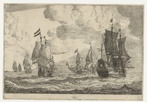 Sechs Segelschiffe auf offener See