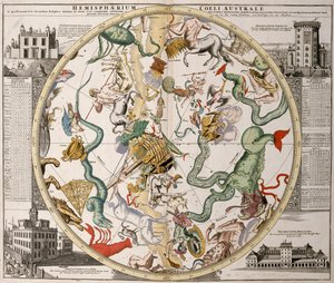 Teil einer südlichen Hemisphären-Sternkarte aus Reiner Ottens Atlas Maior (1730), mit dem Greenwich-Observatorium (links) und dem Rundturm-Observatorium in Kopenhagen (rechts) von Reinier Ottens