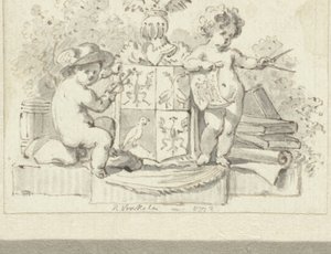 Zwei Putti mit Zirkel und Äskulapstab beim Familienwappen von Schoemaker von Reinier Vinkeles (I)