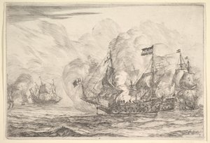 Seeschlacht mit drei Schiffen rechts, aus Seeschlachten Nieuwe Scheeps Bat..., 1652-54