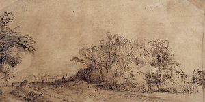 Ein holpriger Weg entlang des Deichs mit Bäumen, die ein Bauernhaus verbergen (Feder & Tinte mit Waschung auf Papier) von Rembrandt Harmensz. van Rijn