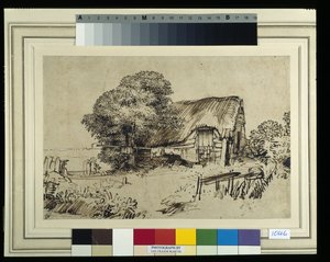 Ein strohgedecktes Häuschen bei einem großen Baum, eine Figur sitzt draußen, ca. 1648-52 (Feder & Tinte auf Papier) von Rembrandt Harmensz. van Rijn
