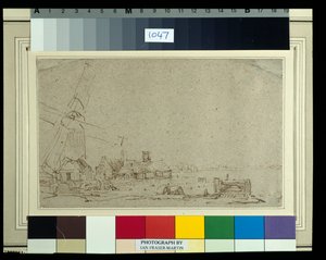 Eine Windmühle und eine Gruppe von Häusern, ca. 1652-53 von Rembrandt Harmensz. van Rijn