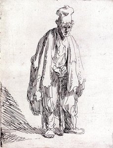 Bettler mit hoher Mütze stehend