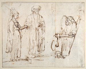 Laban bringt Leah zu Jakob, mit Jakob überlagert von einem Fragment einer anderen Zeichnung; ein Engel mit einem Hund zu seinen Füßen von Rembrandt Harmensz. van Rijn