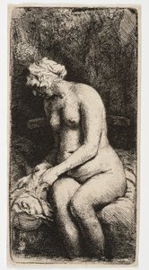 Nackte Frau, die mit ihren Füßen im Wasser sitzt von Rembrandt Harmensz. van Rijn
