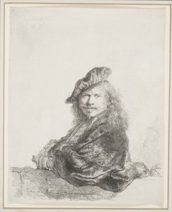 Rembrandt, der sich auf eine Steinschwelle lehnt: Halbfigur von Rembrandt van Rijn