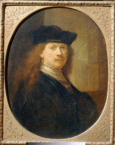 Rembrandt mit Mütze vor Architekturhintergrund von Rembrandt Harmensz. van Rijn