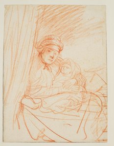 Saskia sitzt im Bett und hält ein Kind, 1635 circa von Rembrandt van Rijn