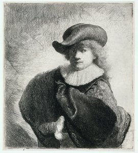 Selbstporträt mit weichem Hut und gemustertem Mantel von Rembrandt Harmensz. van Rijn