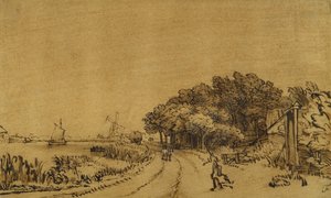 Ansicht auf die Amstel: die Straße am Amsteldijk nach Trompenburg, ca. 1649-50 von Rembrandt Harmensz. van Rijn