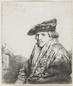 Junger Mann mit Samtmütze und Büchern neben sich von Rembrandt van Rijn