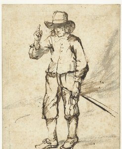 Stehender Junge mit einer Peitsche und erhobener rechter Hand von Rembrandt van Rijn (school of)