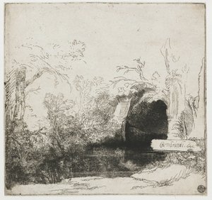 Ein Bach mit einer Grotte und einem Boot von Rembrandt van Rijn