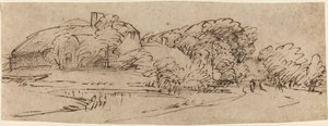 Landschaft mit Bauernhäusern zwischen Bäumen