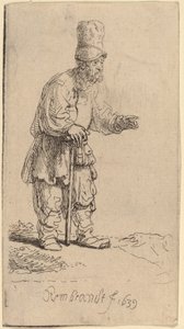 Ein Bauer mit hoher Mütze, stehend und auf einen Stock gelehnt von Rembrandt van Rijn