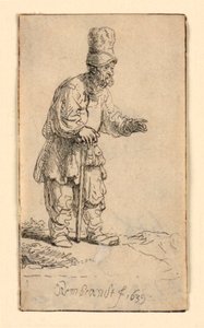 Ein Bauer mit hoher Mütze, stehend und auf einen Stock gelehnt von Rembrandt van Rijn