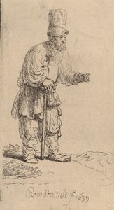 Ein Bauer mit hoher Mütze, der sich auf einen Stock lehnt von Rembrandt van Rijn