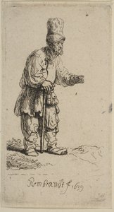 Ein Bauer mit hoher Mütze, der auf einem Stock lehnt, 1639 von Rembrandt van Rijn