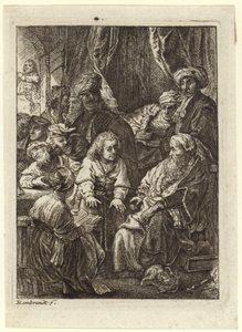 Eine Menschenmenge versammelt sich um einen sitzenden alten Mann von Rembrandt van Rijn