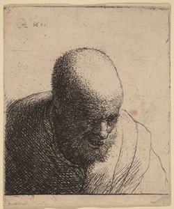 Glatzköpfiger Mann mit offenem Mund, nach unten blickend von Rembrandt van Rijn