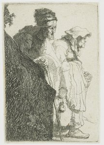 Bettler Mann und Frau hinter einer Bank von Rembrandt van Rijn