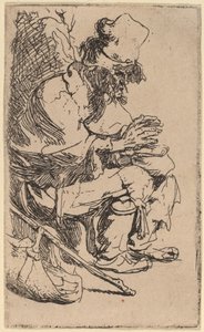 Bettler sitzt und wärmt seine Hände an einer Kohlenpfanne von Rembrandt van Rijn