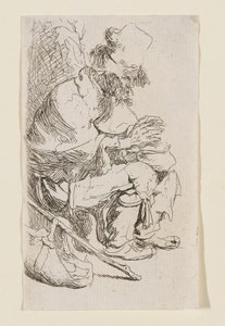 Sitzender Bettler, der seine Hände an einem Kohlenbecken wärmt von Rembrandt van Rijn