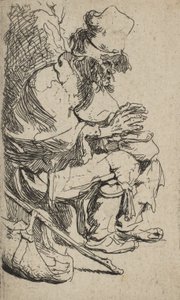 Bettler sitzt und wärmt seine Hände an einer Kohlenpfanne, ca. 1630 von Rembrandt van Rijn